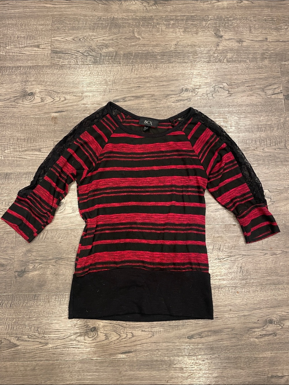 BCX Red and Black Striped Lace-Shoulder Knit Top